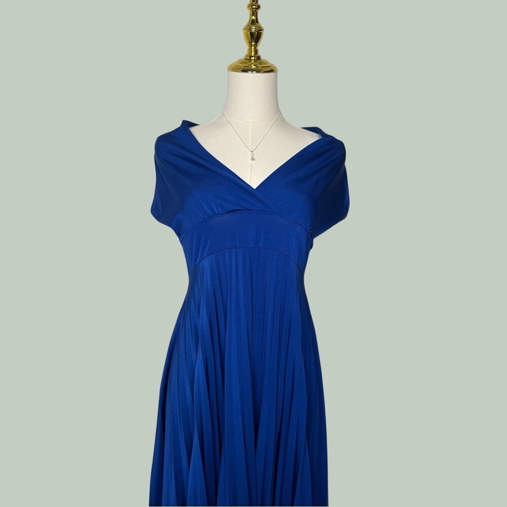 y2k‎ flowy royal blue midi pleated dress short sleeve ruffles classy timeless